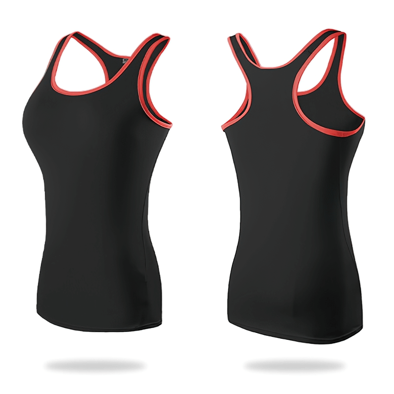 Black elastic women's tank top with red trim, perfect for gym workouts, offers a fitted design for mobility and comfort.